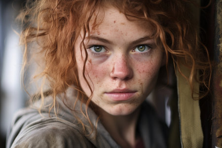 a woman with freckles looking at cameraの素材