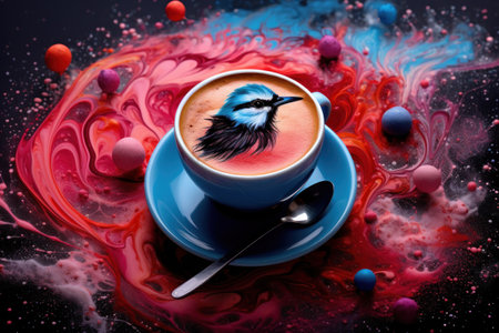 a blue cup with a bird on the foamの素材