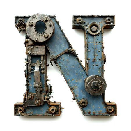 a metal letter n with gears and boltsの素材