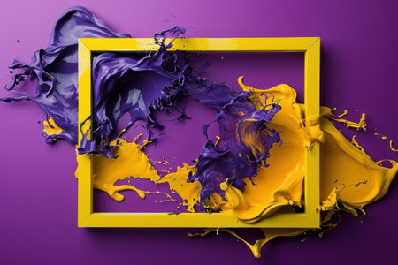 a yellow and purple paint splashing in a frameの素材