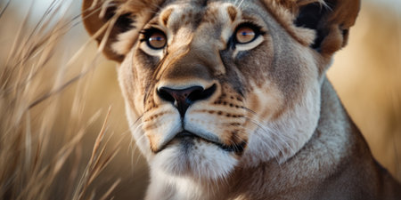 a close up of a lion's faceの素材