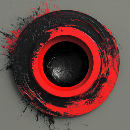 a red and black circle with black paint splattersの素材