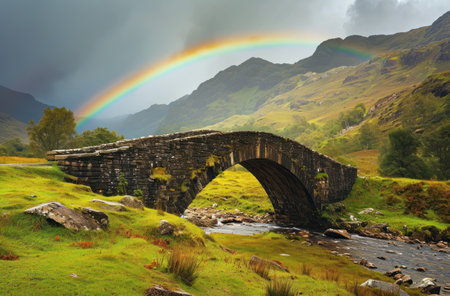 a rainbow over a stone bridgeの素材