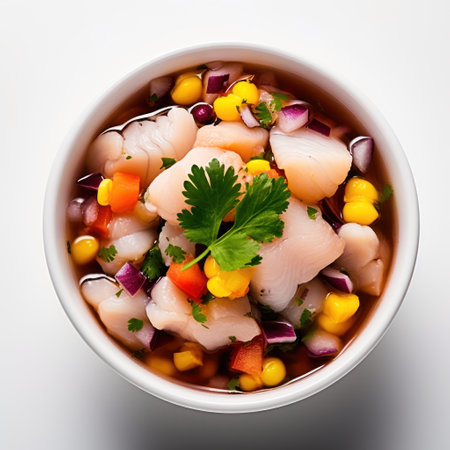 a bowl of food with a leafy green garnishの素材
