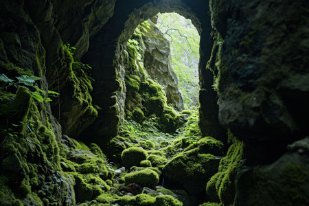 a cave with mossy rocks and a light in the middleの素材