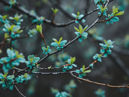a close up of a tree branch with small leavesの素材