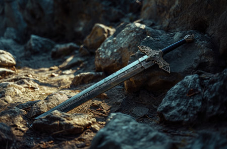 a sword lying on rocksの素材