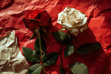 a white and red roses on a red and white crumpled paperの素材