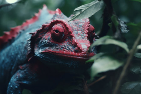 a blue and red lizard with red eyesの素材