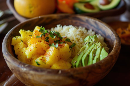 a bowl of food with avocado and pineappleの素材
