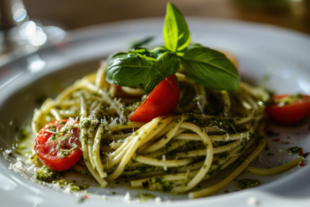 a plate of spaghetti with tomatoes and basilの素材