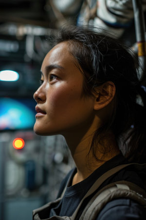 a woman looking away from the cameraの素材