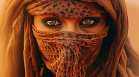 a woman with brown eyes and a scarf over her faceの素材