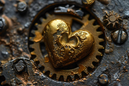 a gold heart on a metal surfaceの素材