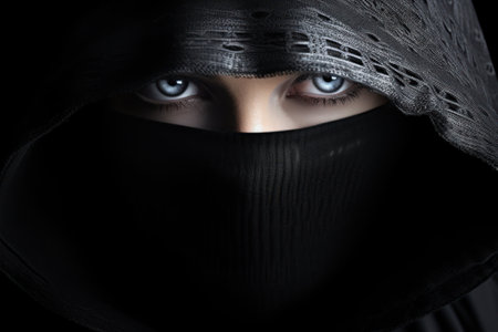 a woman wearing a black scarf and a black head coveringの素材