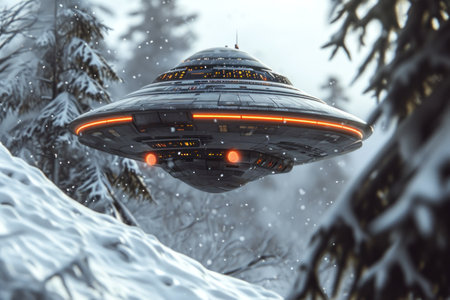 a ufo flying over a snowy forestの素材