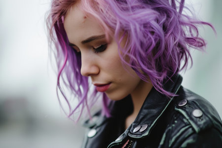 a woman with purple hair looking downの素材