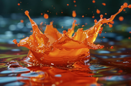 a orange liquid splashing into a body of waterの素材