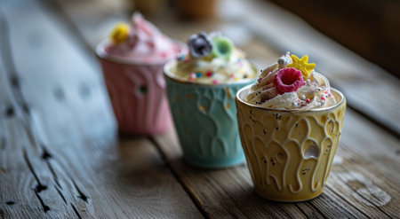 a group of colorful cups with whipped cream and sprinklesの素材