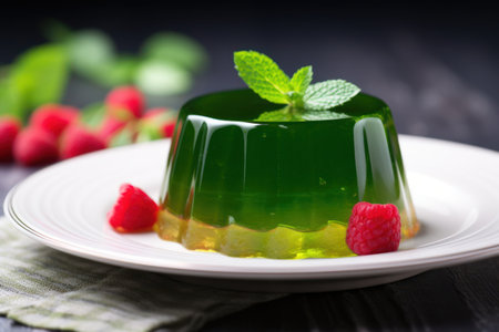 a green gelatin with raspberries on topの素材
