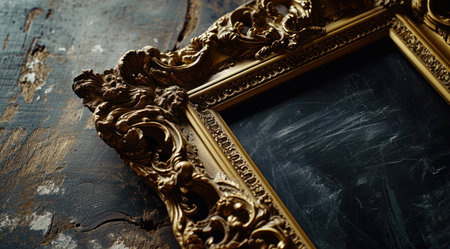 a gold frame on a wooden surfaceの素材