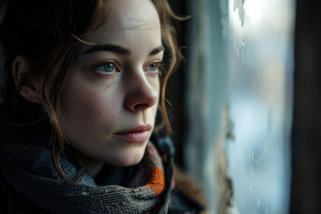 a woman looking out a windowの素材