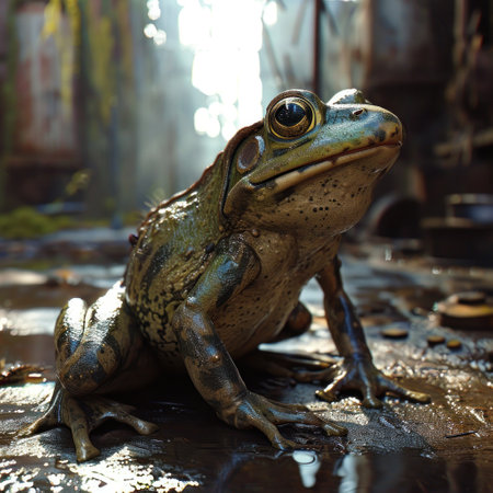 a frog standing on wet groundの素材