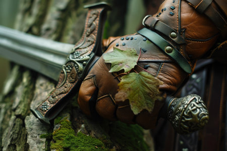 a gloved hand holding a swordの素材