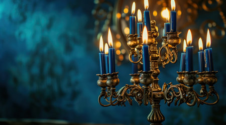 a candle holder with blue candlesの素材
