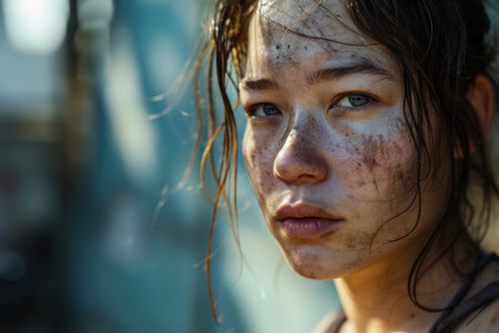 a woman with freckles on her faceの素材