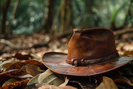 a brown hat on leavesの素材
