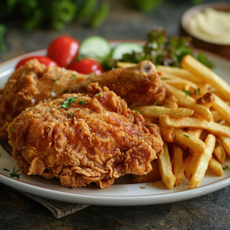 a plate of fried chicken and french friesの素材