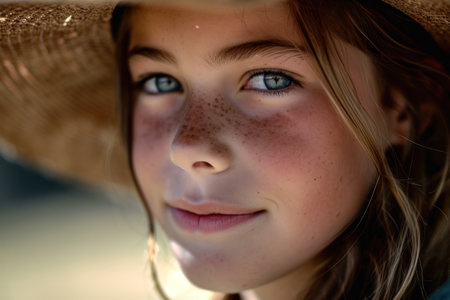 a close up of a woman wearing a hatの素材