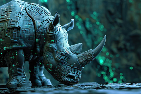 a rhinoceros statue with circuit boardの素材