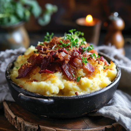 a bowl of mashed potatoes with bacon and sprigs of herbsの素材
