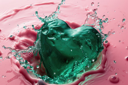 a green heart with water splashingの素材