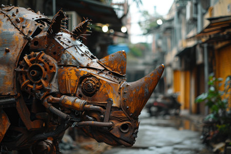 a metal rhinoceros statue in a cityの素材