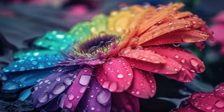 a rainbow colored flower with water droplets on itの素材