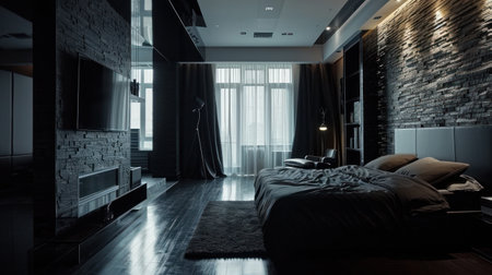 a bedroom with a black bed and a fireplaceの素材