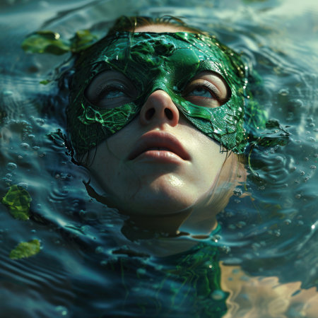 a woman in a mask floating in waterの素材