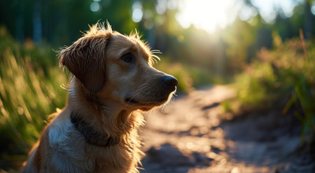 a dog sitting on a dirt pathの素材