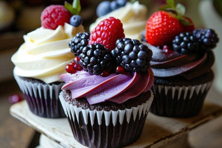 a group of cupcakes with berries on topの素材