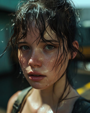 a woman with wet hair and wet faceの素材