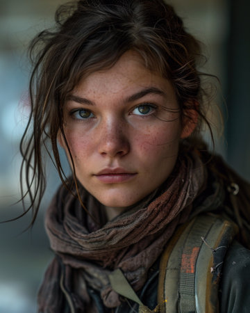 a woman with freckles and a scarfの素材