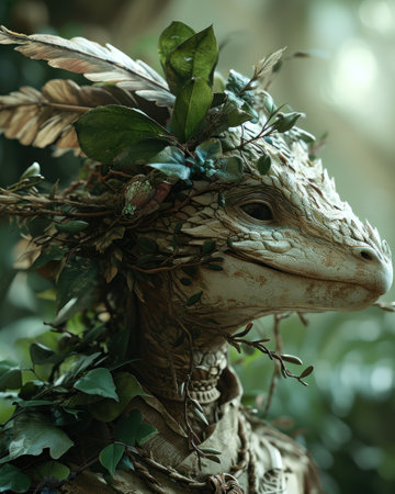 a statue of a lizard with leaves on itの素材