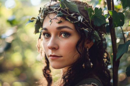 a woman with a crown of leaves on her headの素材