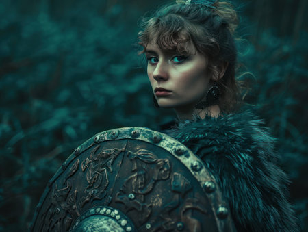 a woman in a fur cape and fur cape holding a shieldの素材