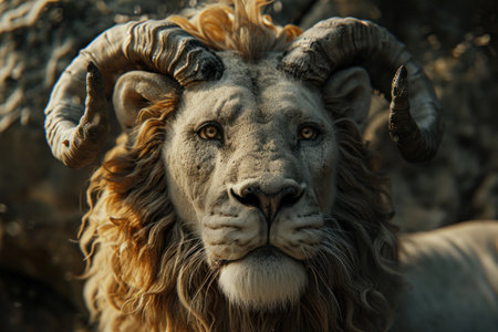 a lion with long curly hair and a large hornの素材