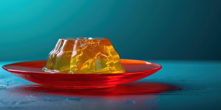 a yellow and orange gelatin on a red plateの素材