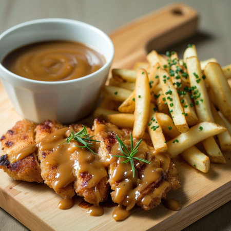 a plate of food with sauce and friesの素材